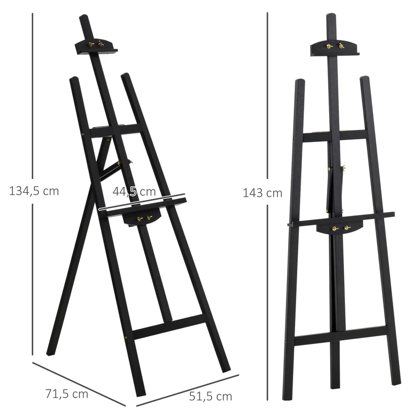 Chevalet d'artiste trépied 51.5 x 71.5 x 134.5 cm inclinaison réglable 75 stable pour peinture épuré en bois de pin noir 21_0006102