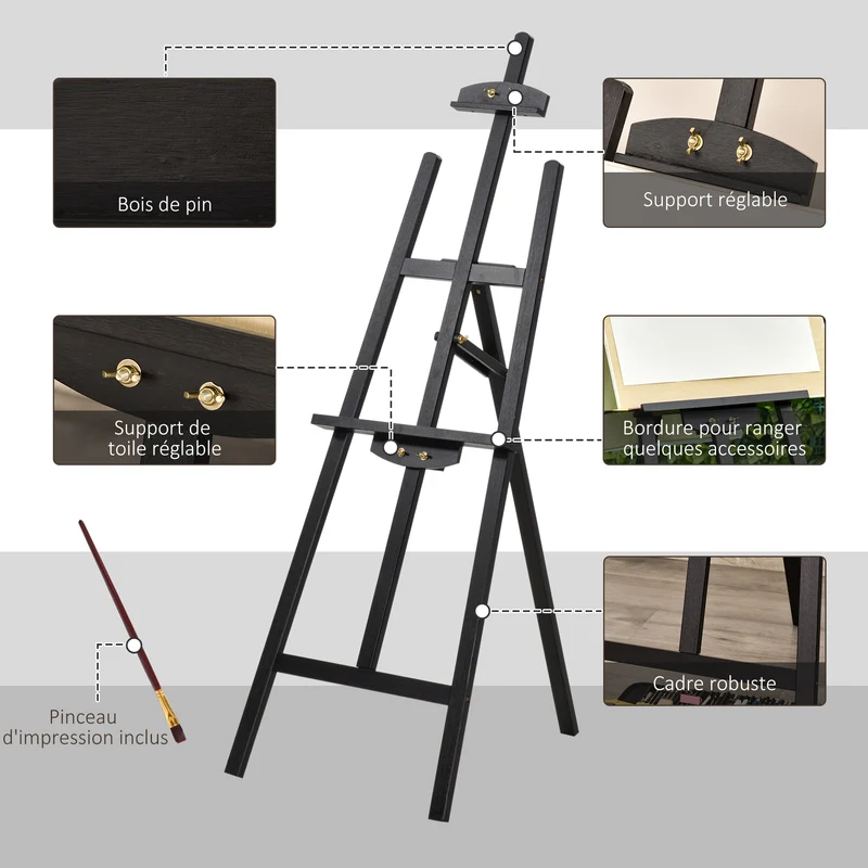 Chevalet d'artiste trépied 51.5 x 71.5 x 134.5 cm inclinaison réglable 75 stable pour peinture épuré en bois de pin noir 21_0006102