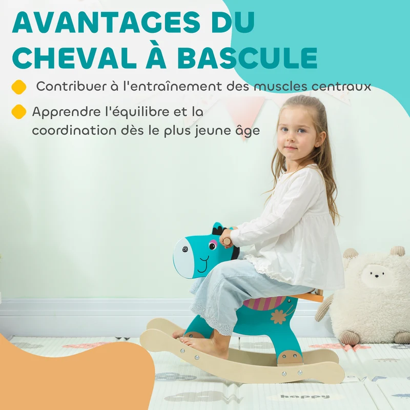 Cheval à bascule âne pour enfants 59 x 27 x 43 cm base stable stimule équilibre scandinave en contreplaqué vert foncé 21_0000287