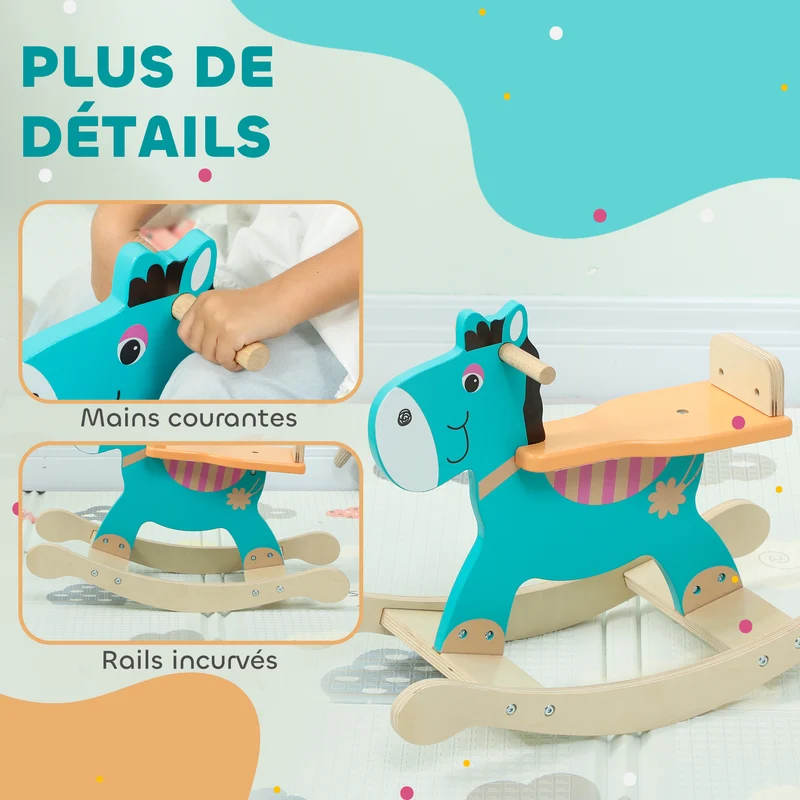 Cheval à bascule âne pour enfants 59 x 27 x 43 cm base stable stimule équilibre scandinave en contreplaqué vert foncé 21_0000287