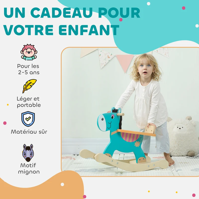 Cheval à bascule âne pour enfants 59 x 27 x 43 cm base stable stimule équilibre scandinave en contreplaqué vert foncé 21_0000287