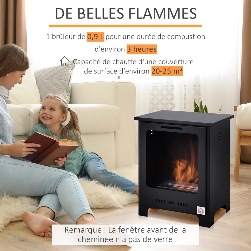 Cheminée bioéthanol sur pieds 40 x 30 x 50 cm flammes réelles sans fumée autonomie 3 h style néo rétro en métal noir 21_0001110