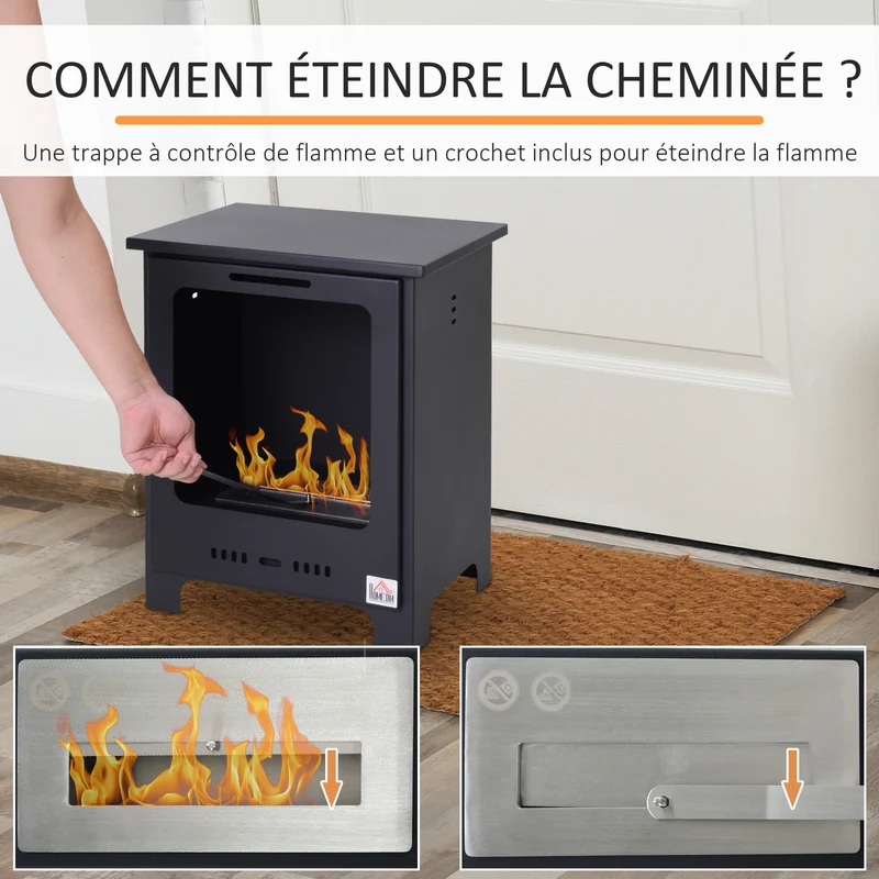 Cheminée bioéthanol sur pieds 40 x 30 x 50 cm flammes réelles sans fumée autonomie 3 h style néo rétro en métal noir 21_0001110