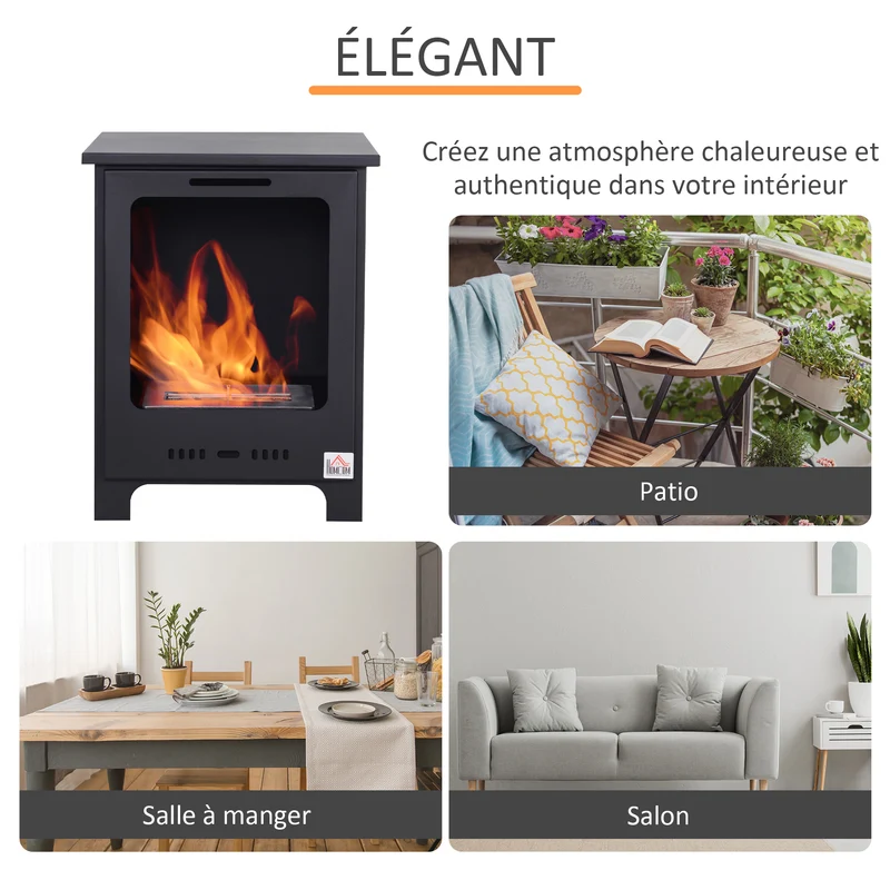 Cheminée bioéthanol sur pieds 40 x 30 x 50 cm flammes réelles sans fumée autonomie 3 h style néo rétro en métal noir 21_0001110