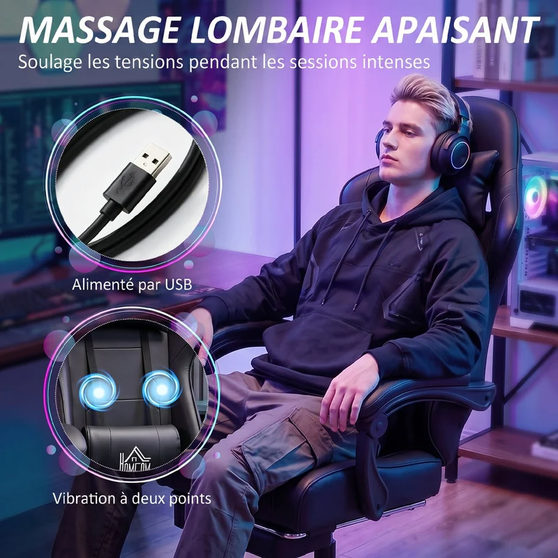 Chaise de jeu ergonomique inclinable 63 x 66 x 126-134 cm massage lombaire repose-pieds contemporain en synthétique noir 21_0006341