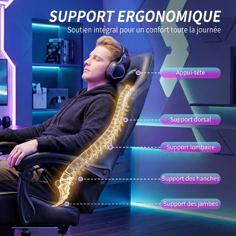 Chaise de jeu ergonomique inclinable 63 x 66 x 126-134 cm massage lombaire repose-pieds contemporain en synthétique noir 21_0006341