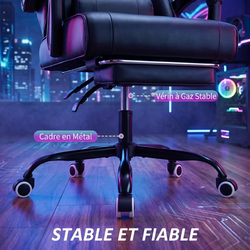Chaise de jeu ergonomique inclinable 63 x 66 x 126-134 cm massage lombaire repose-pieds contemporain en synthétique noir 21_0006341