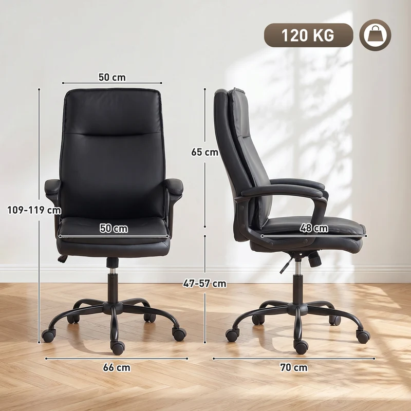 Chaise de bureau ergonomique dossier haut 66 x 70 x 109-119 cm hauteur réglable bascule design classique en PU noir 21_0006336