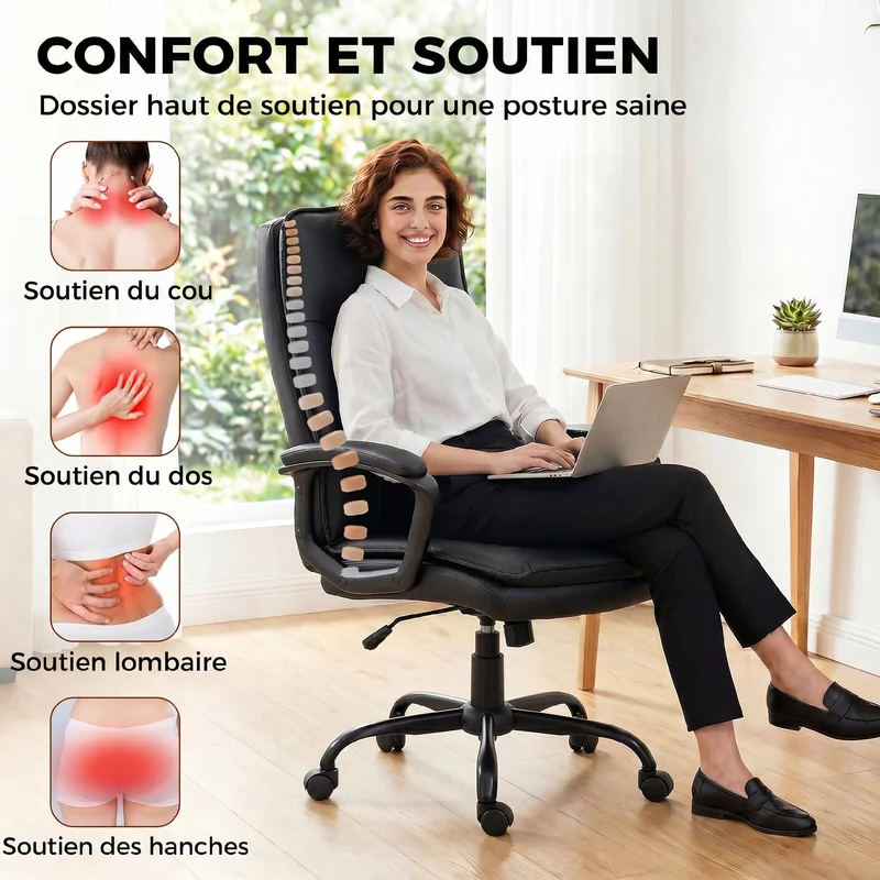 Chaise de bureau ergonomique dossier haut 66 x 70 x 109-119 cm hauteur réglable bascule design classique en PU noir 21_0006336