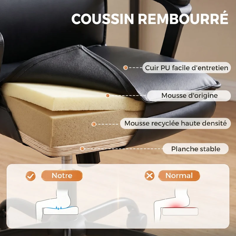 Chaise de bureau ergonomique dossier haut 66 x 70 x 109-119 cm hauteur réglable bascule design classique en PU noir 21_0006336