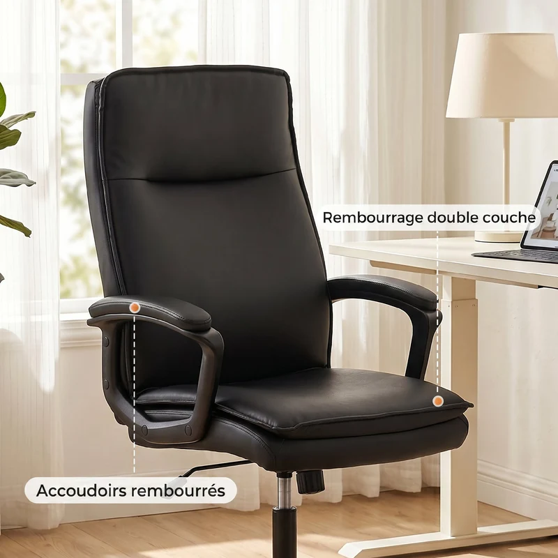 Chaise de bureau ergonomique dossier haut 66 x 70 x 109-119 cm hauteur réglable bascule design classique en PU noir 21_0006336