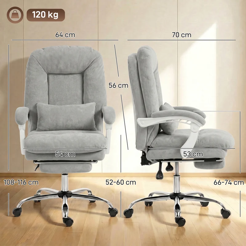 Chaise de bureau ergonomique 64 x 70 x 116 cm inclinable 155 repose-pieds soutien lombaire moderne en velours gris clair 21_0006340
