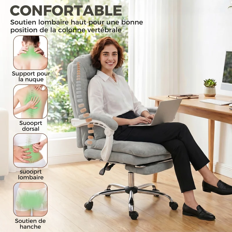 Chaise de bureau ergonomique 64 x 70 x 116 cm inclinable 155 repose-pieds soutien lombaire moderne en velours gris clair 21_0006340
