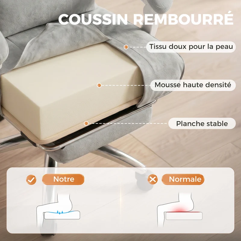 Chaise de bureau ergonomique 64 x 70 x 116 cm inclinable 155 repose-pieds soutien lombaire moderne en velours gris clair 21_0006340