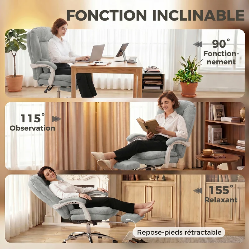 Chaise de bureau ergonomique 64 x 70 x 116 cm inclinable 155 repose-pieds soutien lombaire moderne en velours gris clair 21_0006340