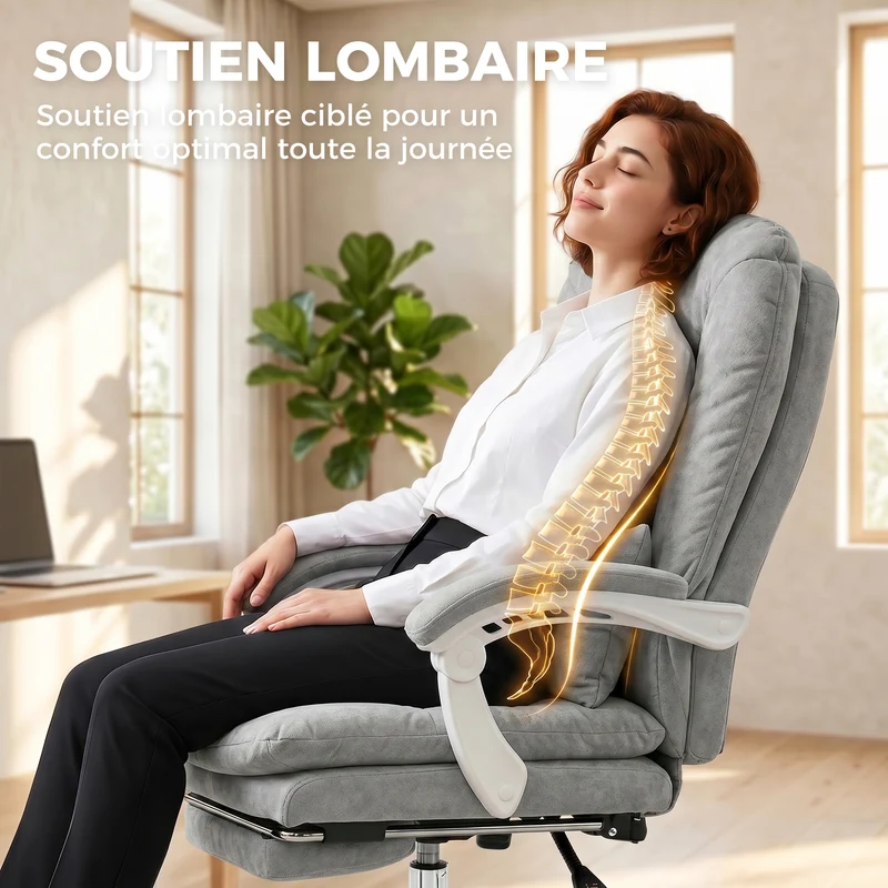 Chaise de bureau ergonomique 64 x 70 x 116 cm inclinable 155 repose-pieds soutien lombaire moderne en velours gris clair 21_0006340