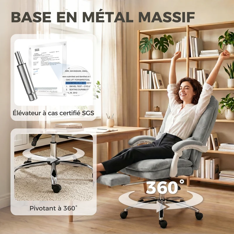 Chaise de bureau ergonomique 64 x 70 x 116 cm inclinable 155 repose-pieds soutien lombaire moderne en velours gris clair 21_0006340