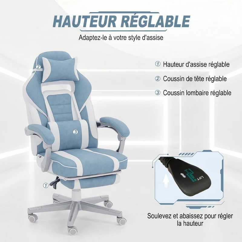 Chaise de bureau ergonomique 63 x 63 x 123 cm dossier inclinable 150° hauteur réglable style design en polyuréthane bleu 21_0006268
