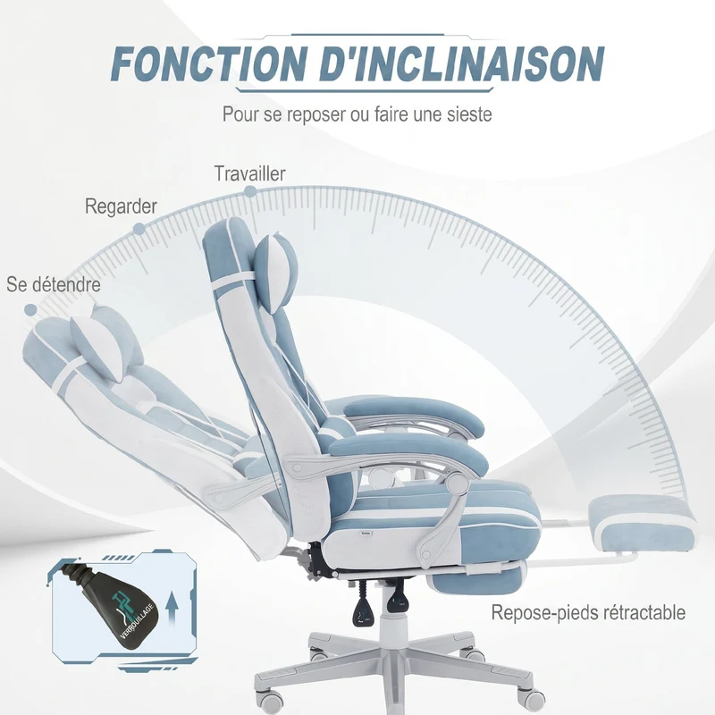 Chaise de bureau ergonomique 63 x 63 x 123 cm dossier inclinable 150° hauteur réglable style design en polyuréthane bleu 21_0006268