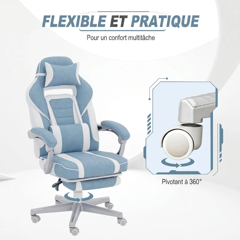 Chaise de bureau ergonomique 63 x 63 x 123 cm dossier inclinable 150° hauteur réglable style design en polyuréthane bleu 21_0006268
