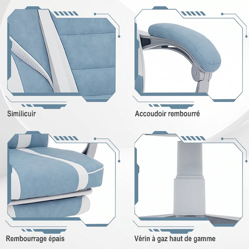 Chaise de bureau ergonomique 63 x 63 x 123 cm dossier inclinable 150° hauteur réglable style design en polyuréthane bleu 21_0006268