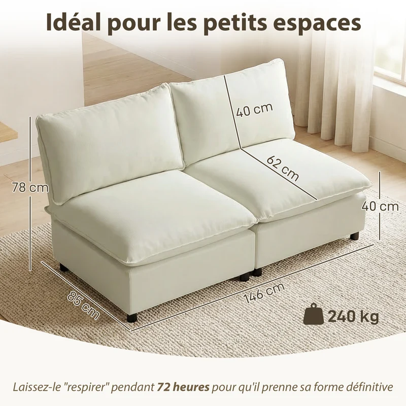Canapé 2 places modulable salon 146 x 85 x 78 cm assise profonde coussins épais cosy moderne scandinave en lin crème 21_0003645