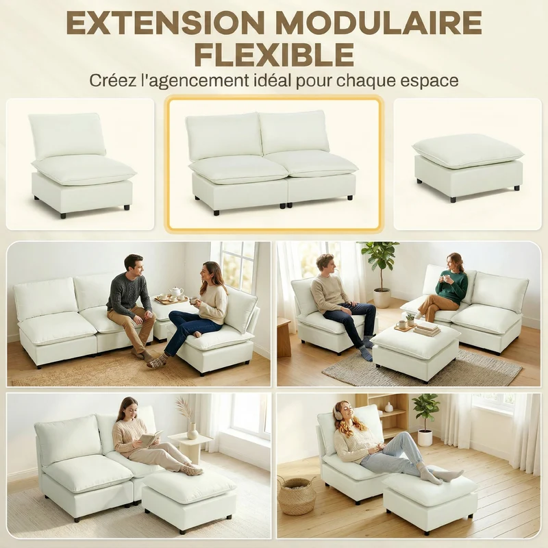 Canapé 2 places modulable salon 146 x 85 x 78 cm assise profonde coussins épais cosy moderne scandinave en lin crème 21_0003645