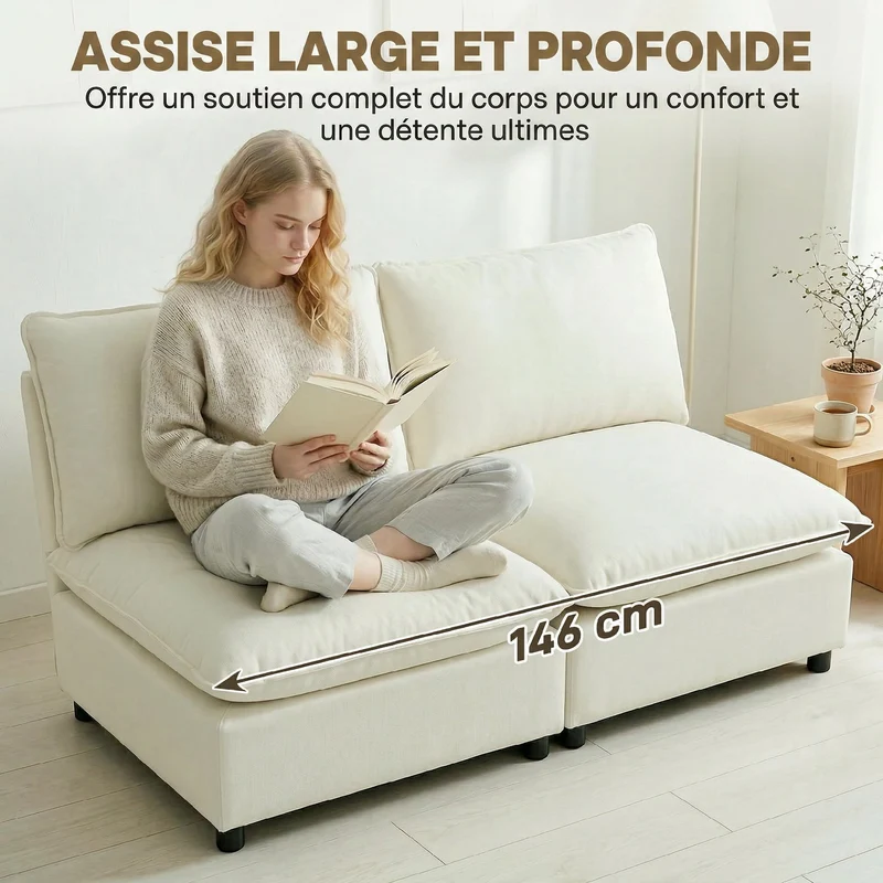 Canapé 2 places modulable salon 146 x 85 x 78 cm assise profonde coussins épais cosy moderne scandinave en lin crème 21_0003645
