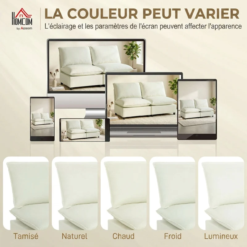Canapé 2 places modulable salon 146 x 85 x 78 cm assise profonde coussins épais cosy moderne scandinave en lin crème 21_0003645