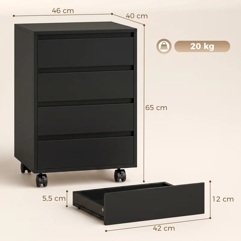 Caisson de bureau sur roulettes 4 tiroirs coulissants 46 x 40 x 65 cm grand rangement mobilité freins moderne en MDF noir 21_0002465