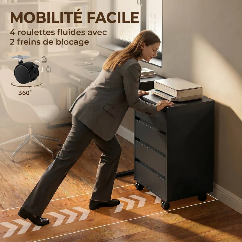 Caisson de bureau sur roulettes 4 tiroirs coulissants 46 x 40 x 65 cm grand rangement mobilité freins moderne en MDF noir 21_0002465