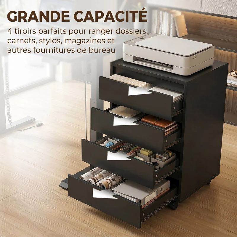 Caisson de bureau sur roulettes 4 tiroirs coulissants 46 x 40 x 65 cm grand rangement mobilité freins moderne en MDF noir 21_0002465