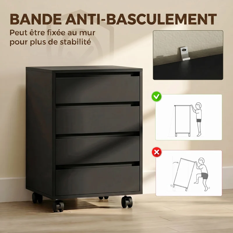 Caisson de bureau sur roulettes 4 tiroirs coulissants 46 x 40 x 65 cm grand rangement mobilité freins moderne en MDF noir 21_0002465
