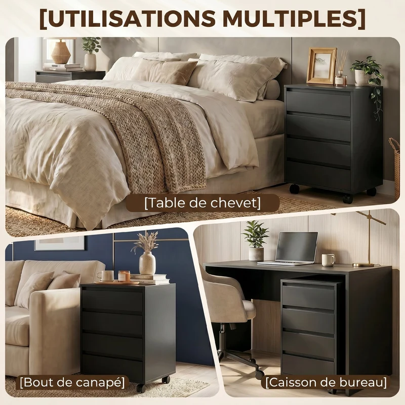 Caisson de bureau sur roulettes 4 tiroirs coulissants 46 x 40 x 65 cm grand rangement mobilité freins moderne en MDF noir 21_0002465