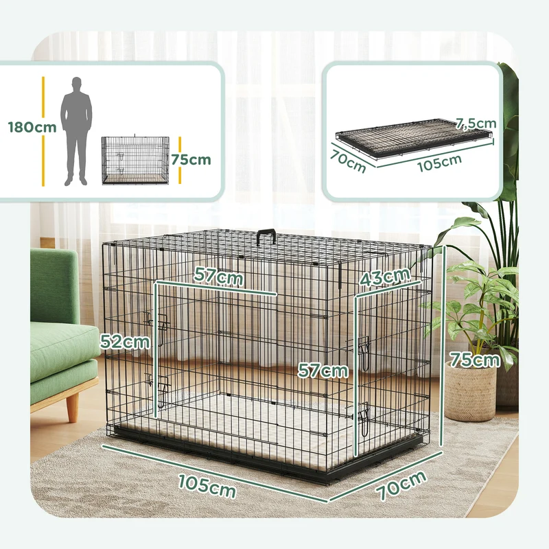 Cage de transport pliante pour chien 105 x 70 x 75 cm poignée de transport bac amovible moderne épuré en acier noir 21_0007209