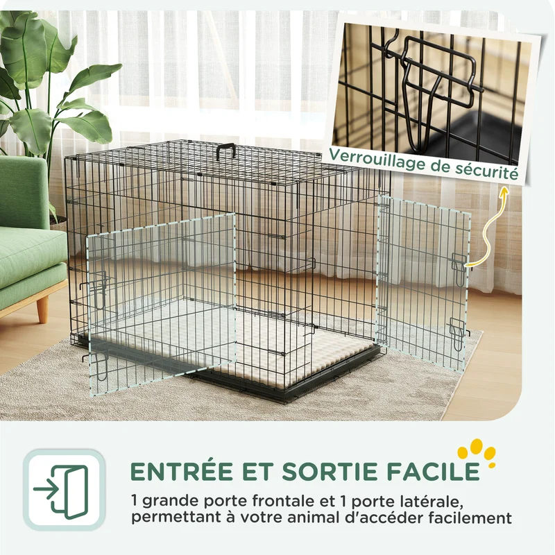 Cage de transport pliante pour chien 105 x 70 x 75 cm poignée de transport bac amovible moderne épuré en acier noir 21_0007209