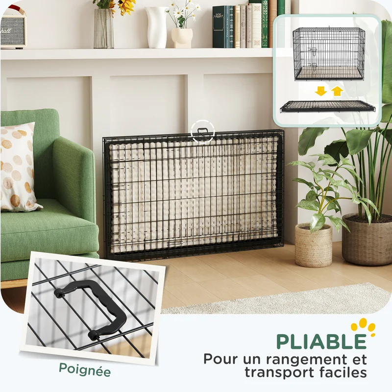 Cage de transport pliante pour chien 105 x 70 x 75 cm poignée de transport bac amovible moderne épuré en acier noir 21_0007209