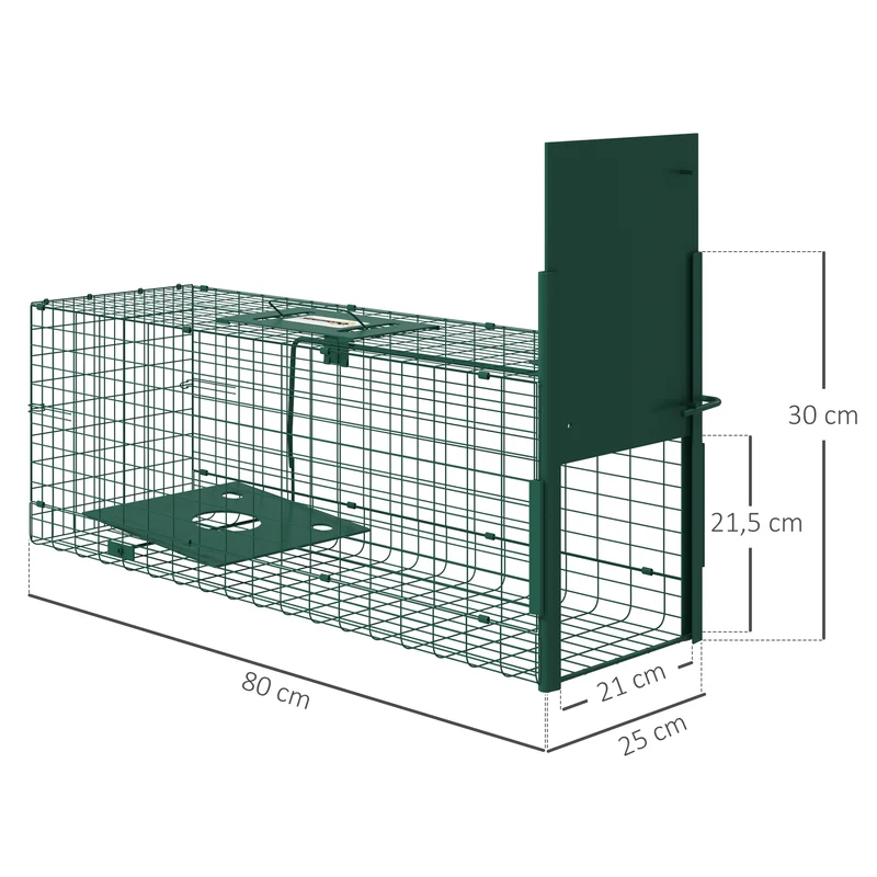 Cage de capture animaux nuisibles 80 x 25 x 30 cm capture sans blesser mécanisme sensible industriel en acier vert foncé 21_0006958