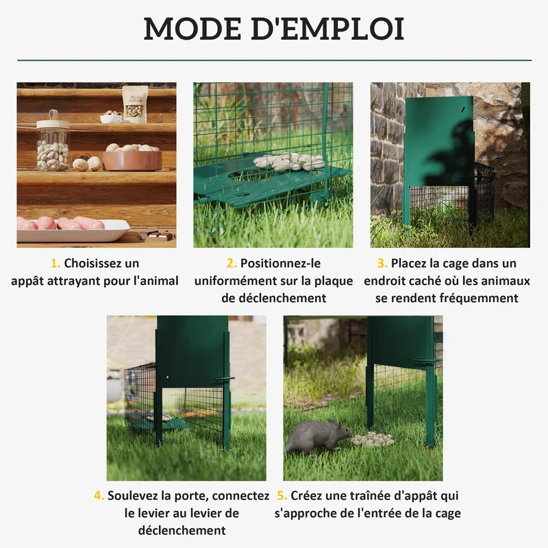 Cage de capture animaux nuisibles 80 x 25 x 30 cm capture sans blesser mécanisme sensible industriel en acier vert foncé 21_0006958