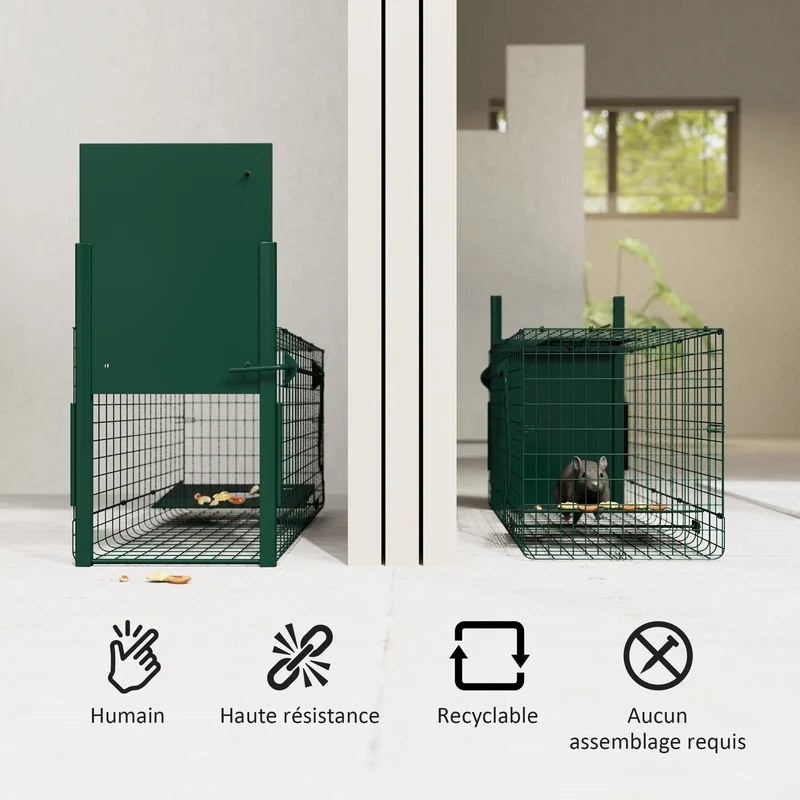 Cage de capture animaux nuisibles 80 x 25 x 30 cm capture sans blesser mécanisme sensible industriel en acier vert foncé 21_0006958