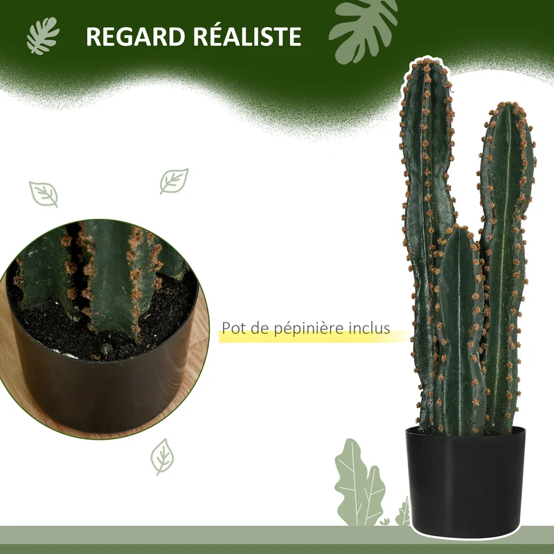 Cactus artificiel grand réalisme intérieur 17 x 60 cm sans entretien pot lesté style moderne épuré en polyéthylène vert 21_0003943