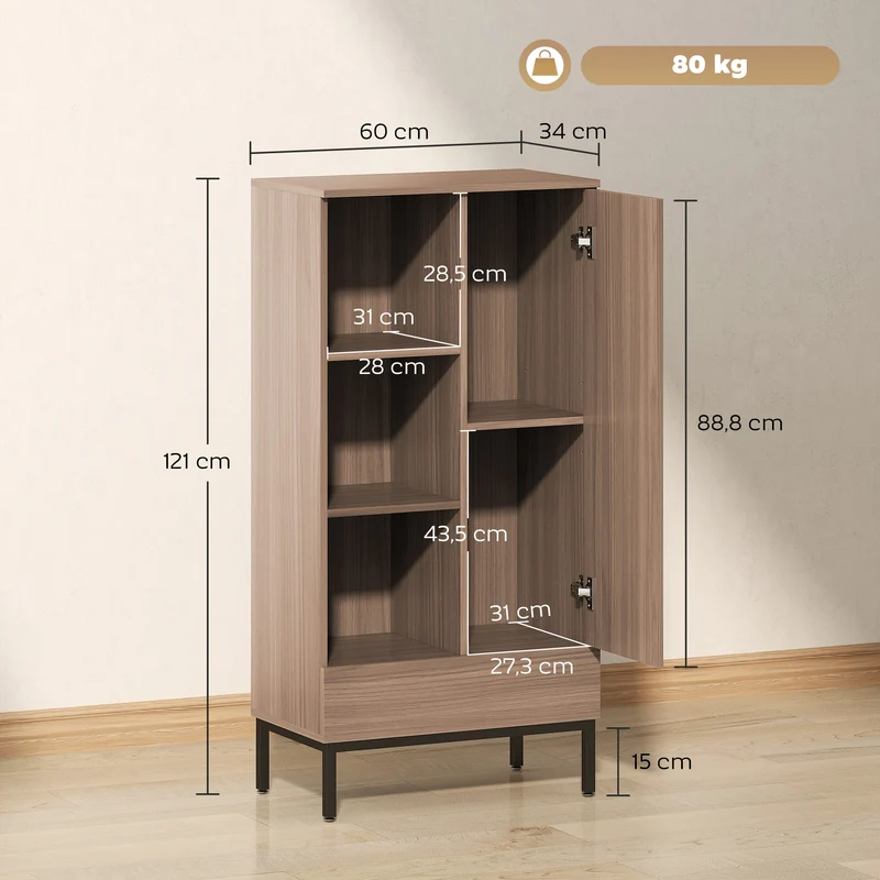 Buffet de rangement 60 x 34 x 121 cm rangement modulable tiroir étagères réglables moderne en panneau de particules gris 21_0002977