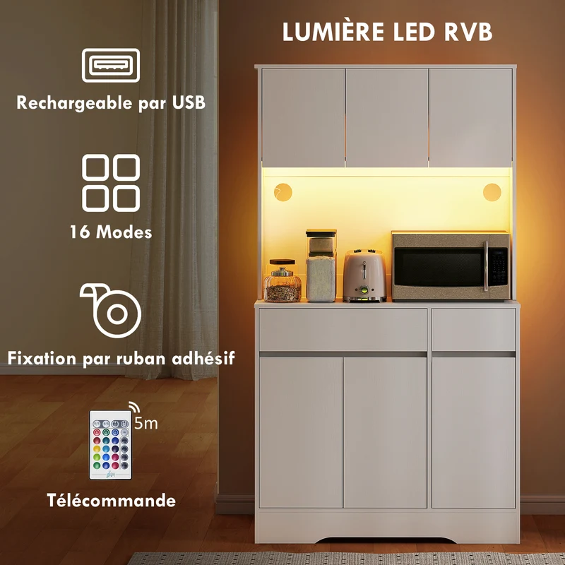 Buffet de cuisine 100 x 38 x 180 cm rangement très spacieux led rgb design moderne épuré en panneau de particules blanc 21_0003297