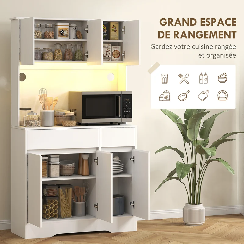 Buffet de cuisine 100 x 38 x 180 cm rangement très spacieux led rgb design moderne épuré en panneau de particules blanc 21_0003297
