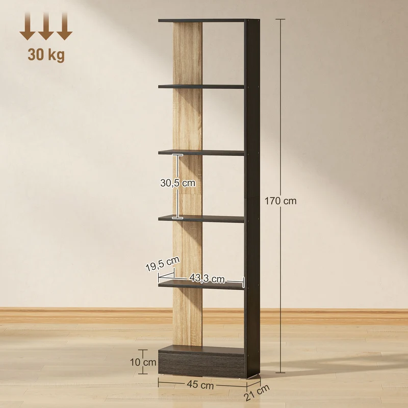 Bibliothèque étagère de rangement 45 x 21 x 170 cm 5 cases ouvertes anti-basculement moderne en panneau aggloméré noir 21_0001792