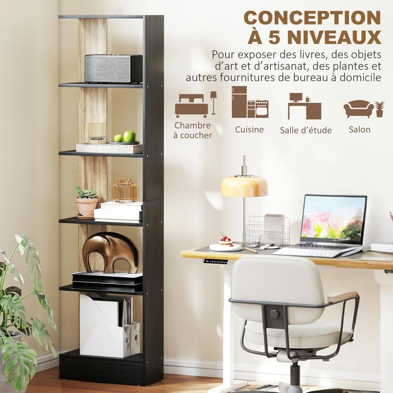 Bibliothèque étagère de rangement 45 x 21 x 170 cm 5 cases ouvertes anti-basculement moderne en panneau aggloméré noir 21_0001792