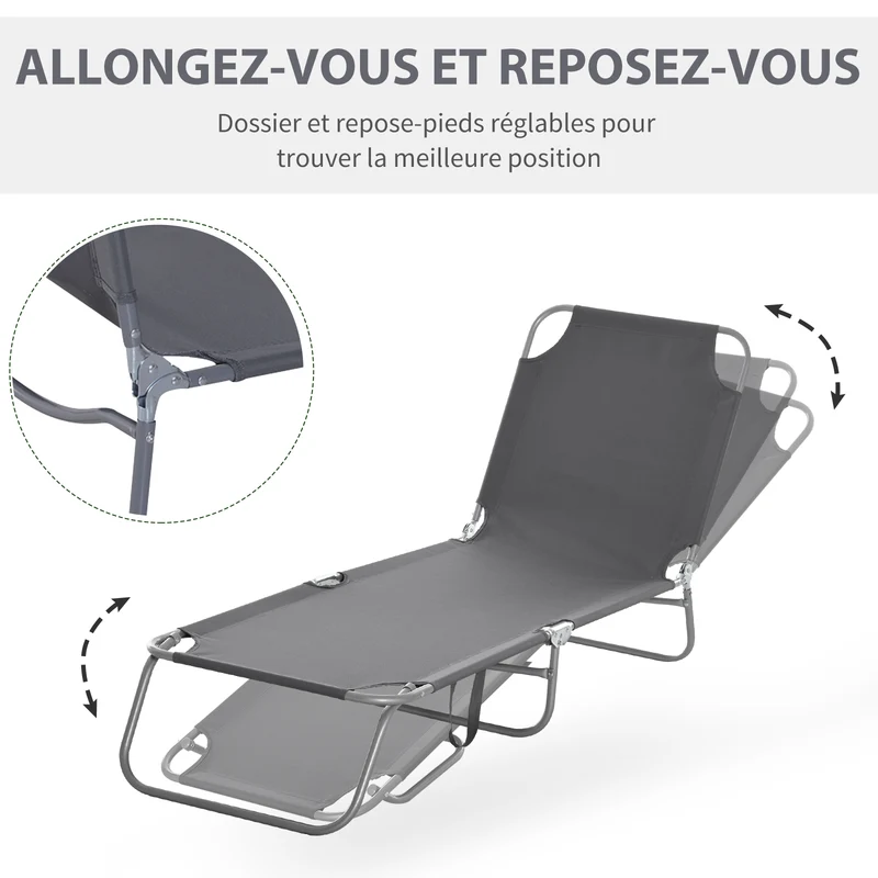 Bain de soleil transat pliable jardin 187 x 55 x 24 cm dossier réglable multipositions confortable design en métal gris 21_0004566