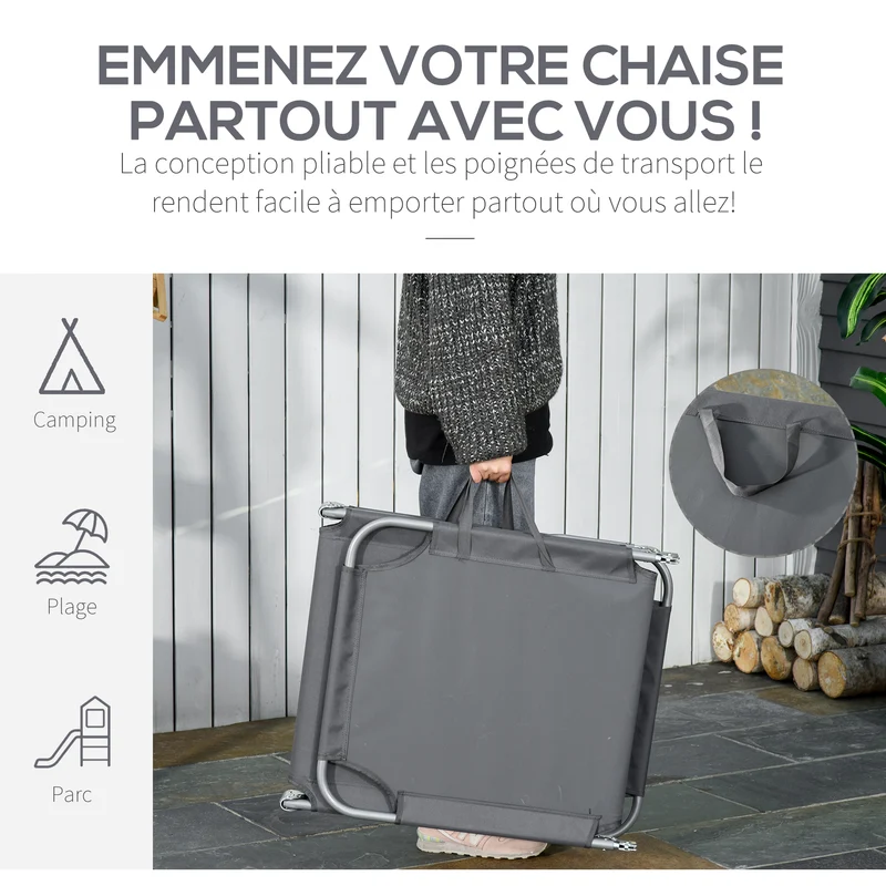 Bain de soleil transat pliable jardin 187 x 55 x 24 cm dossier réglable multipositions confortable design en métal gris 21_0004566