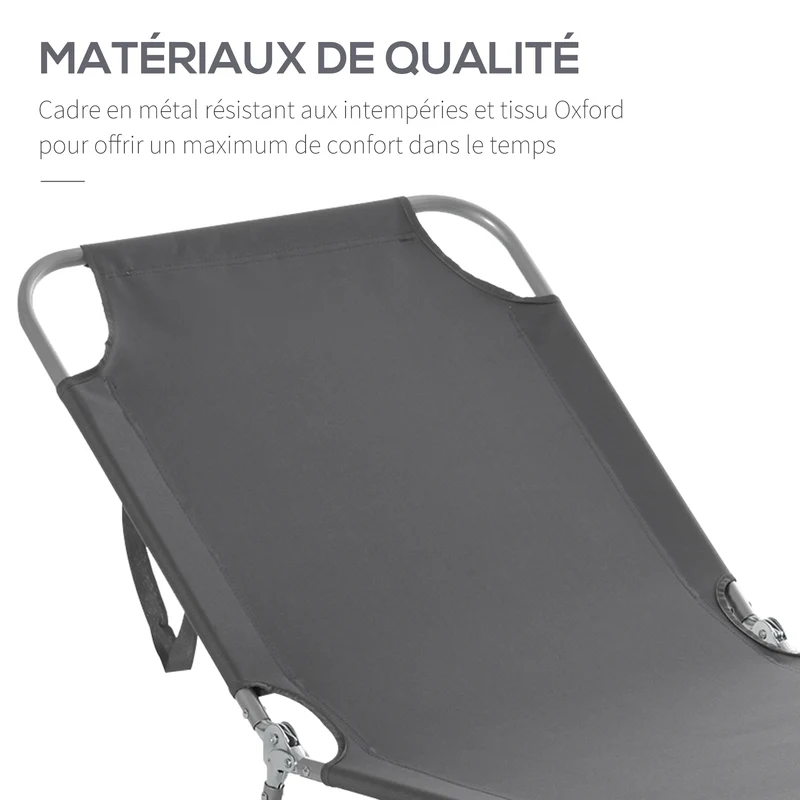 Bain de soleil transat pliable jardin 187 x 55 x 24 cm dossier réglable multipositions confortable design en métal gris 21_0004566