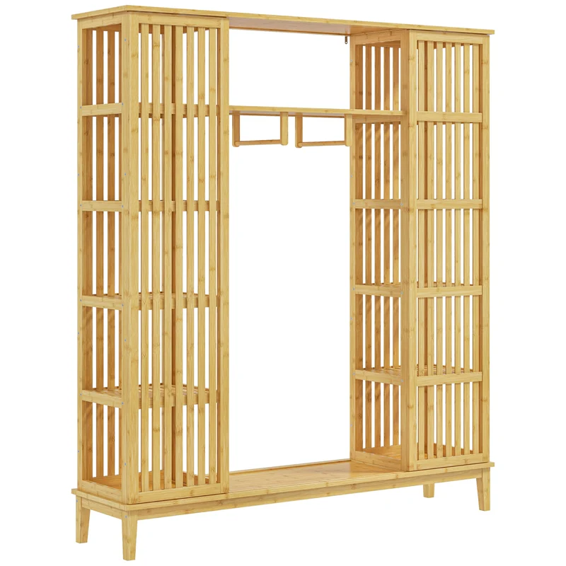 Armoire semi-ouverte 145 x 35 x 165 cm rangement 11 compartiments tringle 115 cm style naturel cosy en bambou naturel 21_0001617